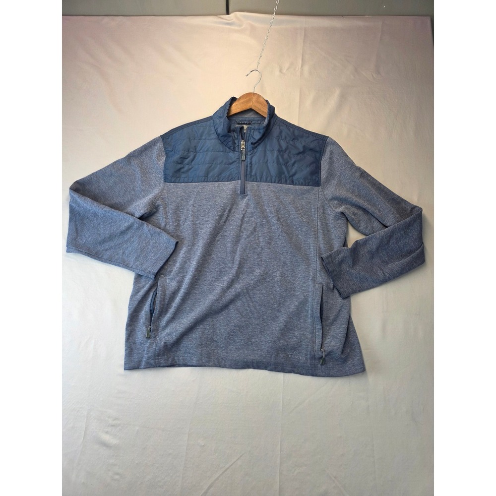 Eddie Bauer Mens XL Blue Heathered Quilted Shoulder Quarter Zip Pullover Sweater